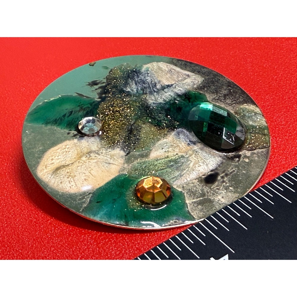 Vintage Handmade Abstract Disc Earrings Green Gold Resin Artisan Statement - Picture 9 of 9